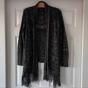 Knox Rose Long Sleeve Wrap Front Fringed Black/Gray Strata Lo-Hi Sweater M (Wom)